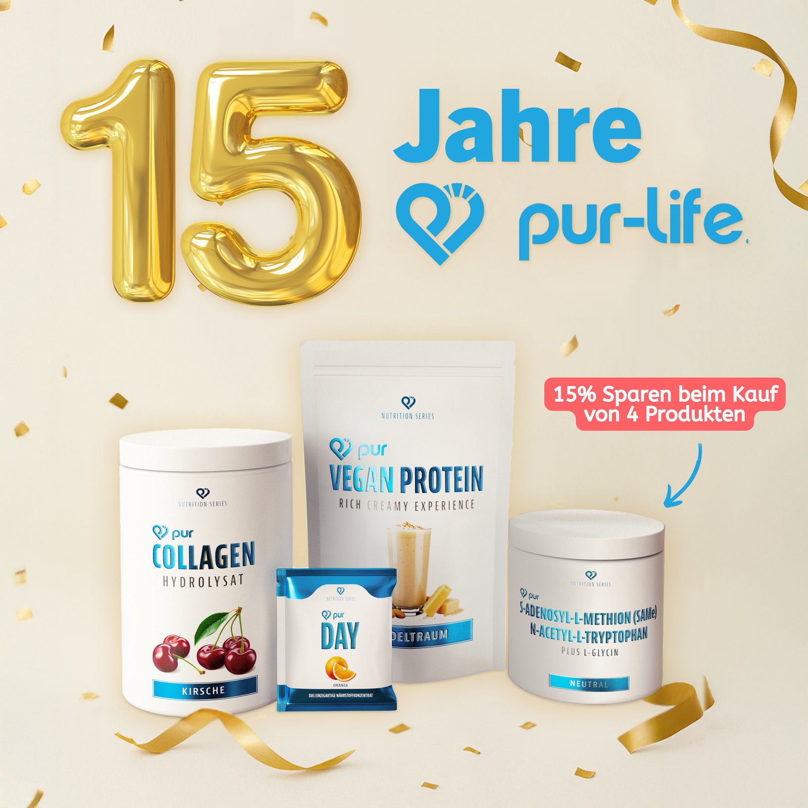 15 Jahre pur-life - spare 15% beim Kauf von 4 Produkte - nur bei pur-life