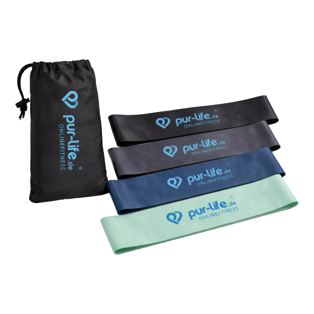 Fitnessbänder Set (4er Pack) von pur-life - 4 Widerstandsbänder in verschiedenen Stärken (Leicht, Mittel, Stark, Extra-Stark)