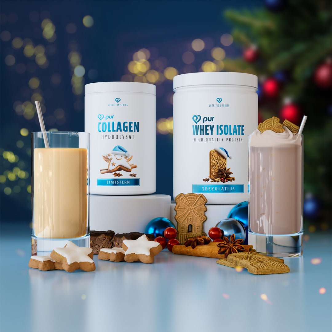 Unsere exklusive Formel für festlichen Muskelaufbau - Winter Edition von pur-life - Whey Isolate Spekulatius und Collagen Zimtstern